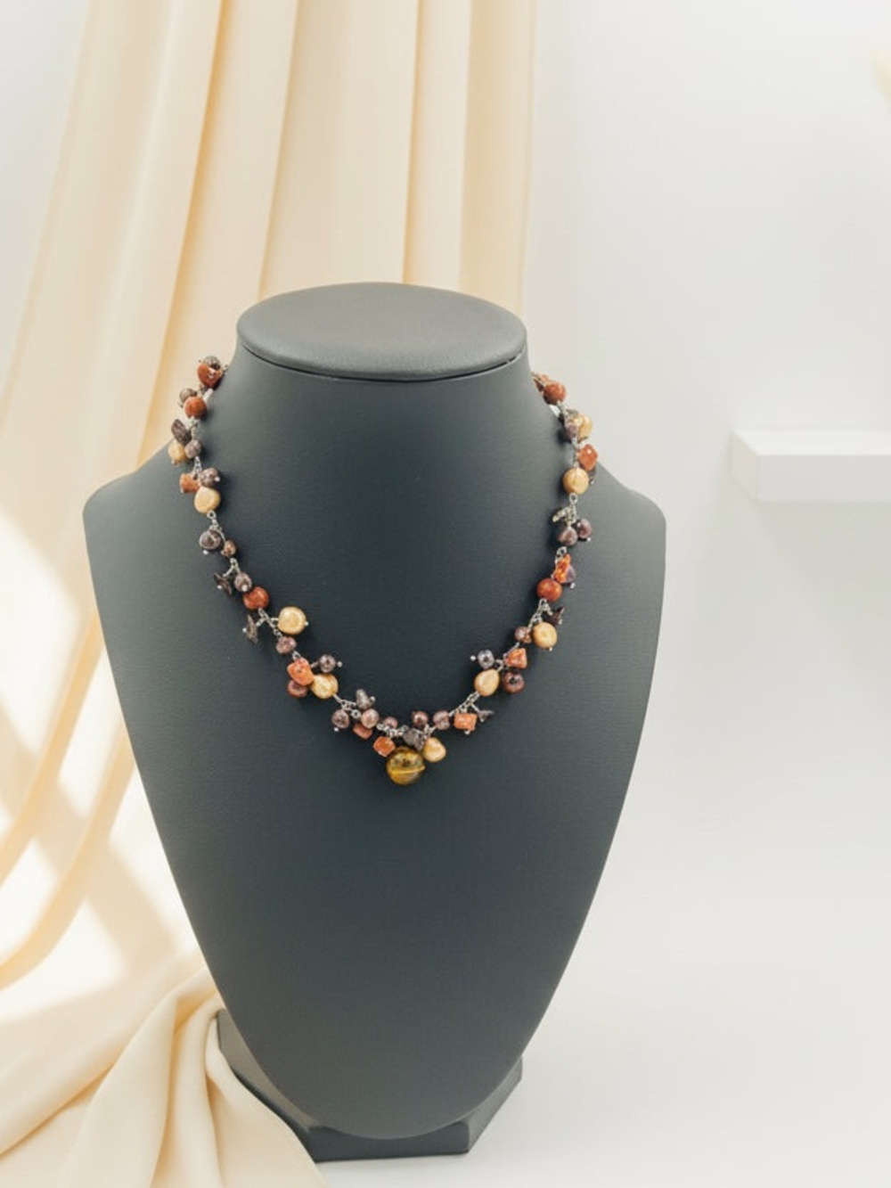 New Sterling Silver Choker Necklace w/ Tiger’s Eye, Pearls & Sandstone Gems